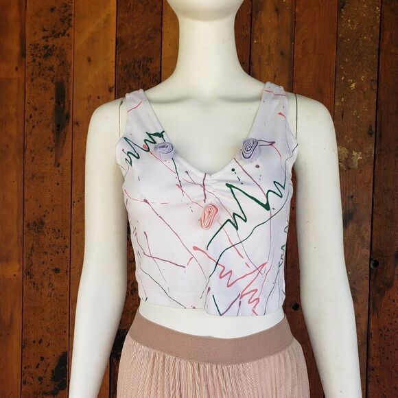 Vintage KnitWorksPaint Splatter & 3D Floral Crop Top - Picture 3 of 13
